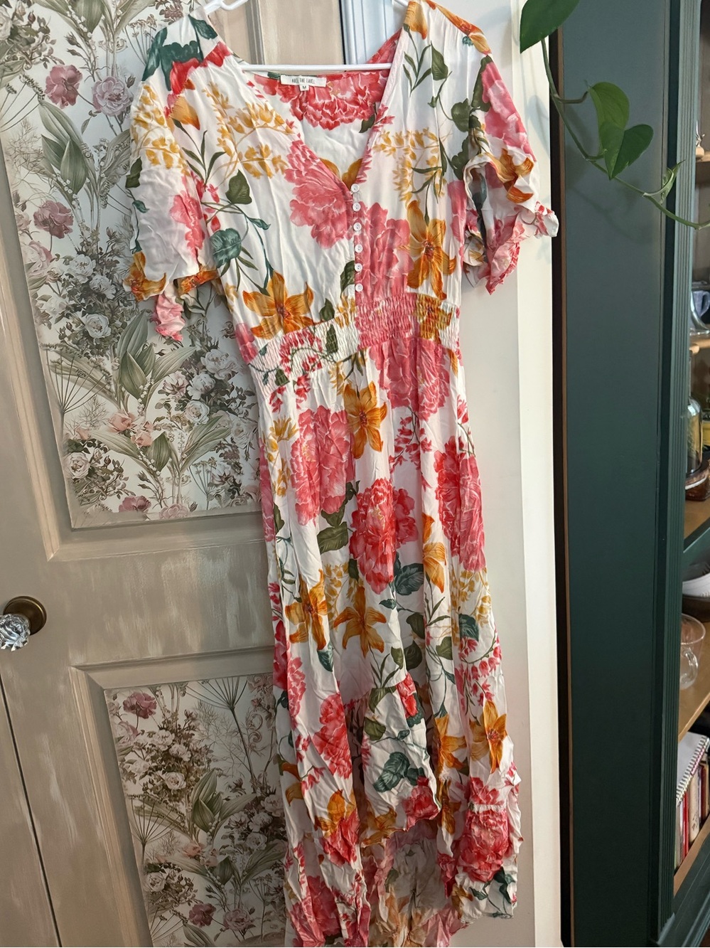 White Floral V-Neck Smocked Maxi Dress with Pink & Yellow Blooms